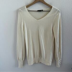 Ann Taylor 100% Wool Cream Pearl Sleeve Detail Long Sleeve V Neck Small